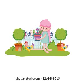 girl lifting houseplant with rooster in the garden