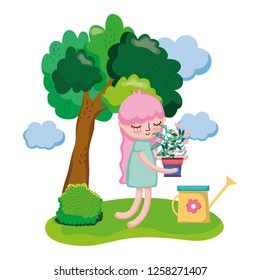 girl lifting houseplant with sprinkler in the camp
