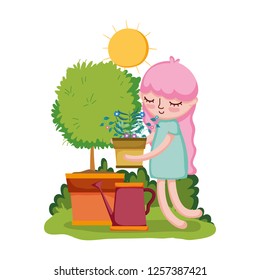 girl lifting houseplant with sprinkler and tree