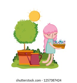 girl lifting houseplant with sprinkler and tree