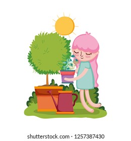 girl lifting houseplant with sprinkler and tree