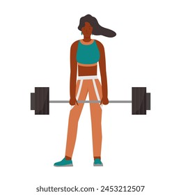 Girl lifting weights. Girl with sport equipment, fitness gym accessories flat vector illustration