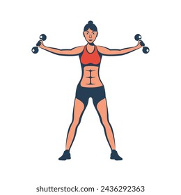Girl lifts dumbbells, black icon. Fitness woman doing exercises with heavy discs. Young girl gym exercise sport athletet. Sports lifestyle. Vector illustration flat design. Attractive athletic female.