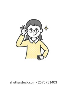 A girl lifts her glasses and smiles confidently
