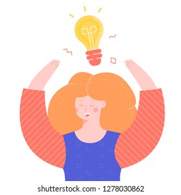 A girl with a light bulb above her head. Idea generation, brainstorm, start-up creation. Vector bright character.