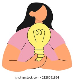 Girl with a light bulb in her hand. Vector illustration on the theme of a good idea.