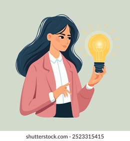 Girl with a light bulb in her hand. Business concept. Idea. Isolated. Flat vector illustration	