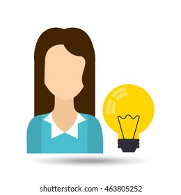 girl with light bulb icon and computer, vector illustration