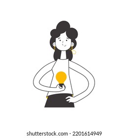 Girl and light bulb. Idea concept. Vector. Isolated on white background. Lines modern style.