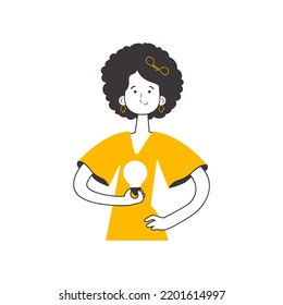 Girl and light bulb. Idea concept. Vector. Isolated on white background. Line art style.