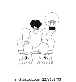 Niña con bombilla, simbolizando ideas creativas. Ilustración vectorial de estilo lineal.