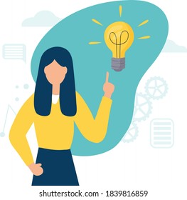  The girl with the light bulb that shines. Vector illustration with business idea concept and creative solution. Creative and analytical thinking