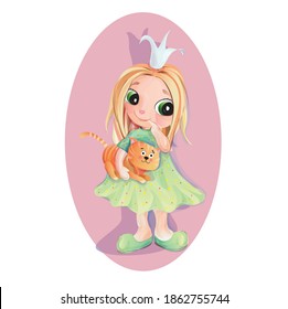 Girl in a light green dress with a cat
