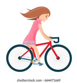 Girl in light summer clothes rides bike isolated on white. Vector illustration of active young female person leading healthy lifestyle.