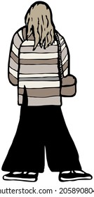 A girl with light-brown hair, in a striped half-coat of beige shades, black skirt-trousers and sneakers, with a fur handbag on her shoulder, a vector figure view from the back. Colored sketch 