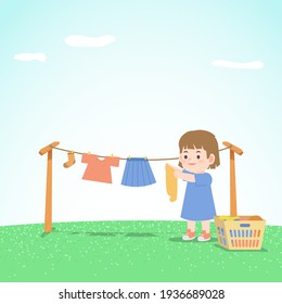 A Girl Lighten The Load Her Parents Housework By Doing Dry The Clothes Outdoor By Herself. Illustration Vector. Kids Concept.