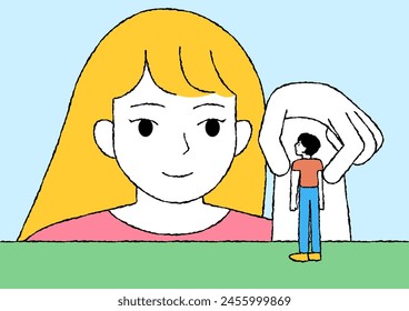 A girl in a lighthearted 2d line cartoon style gently lifting a boy's expressions of joy in a clear outline.