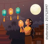 Girl Lighting Lanterns Thadingyut fullmoon