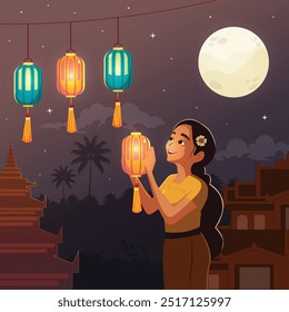 Menina lanternas de iluminação Thadingyut lua cheia