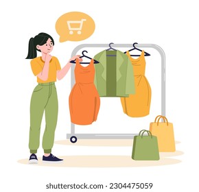 A las chicas les gusta ir de compras. Una mujer se levanta cerca de las perchas con ropa y elige los bienes que se guardan. Moda, tendencia y estilo. Tienda en boutique o centro comercial con vestidos de moda. Dibujo vectorial plano de dibujos animados