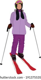 Girl in a lilac ski suit is skiing. Vector illustration