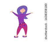 A girl in a lilac sweater smiles joyfully with her arms raised and outstretched. Long blue hair. A manifestation of good luck, success and an energetic life. Cartoon character. Illustration vector