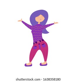 A girl in a lilac sweater smiles joyfully with her arms raised and outstretched. Long blue hair. A manifestation of good luck, success and an energetic life. Cartoon character. Illustration vector