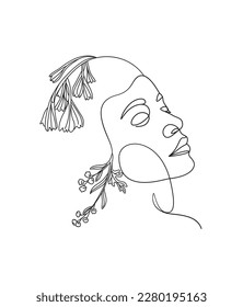Girl line art illustration, woman with flower ,Portrait continuous line art drawing for prints, tattoos, cosmetics, fashion, Beauty salon and wall home decoration. Pro Vecto, EPS 10 FILE,