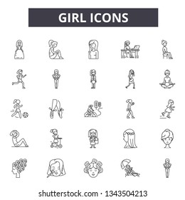 Girl line icons for web and mobile design. Editable stroke signs. Girl  outline concept illustrations