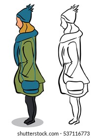 Girl line illustration in winter clothes.Cartoon design