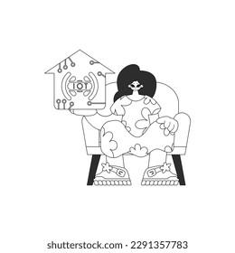 A girl with a linear style vector logo of the Internet of Things in her hands