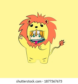 girl with lion costume. good use for sticker streetwear or t-shirt design