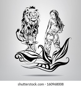 A girl with a lion tamer in the patterns. Vector illustration