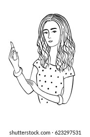 Girl with lipstick. Linear vector graphics. Hand-drawn illustration