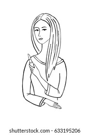 Girl with lipstick. Linear vector graphics. Hand-drawn illustration