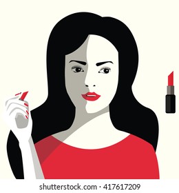 Girl with lipstick vector. Girl applying lipstick flat vector.