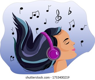Girl is lisnening to music on big headphones. Inspired by a melody, hair is up in the air. Vector illustration in flat style.