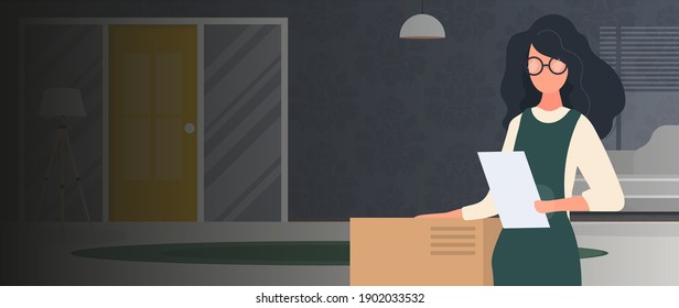 Girl with a list and a cardboard box. Banner with space for text. Delivery and moving concept. Vector.