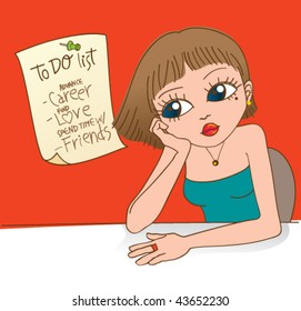 Girl with a list. Vector illustration of a cute girl/woman, thinking about her list. Text is in a different layer so you can easily replace it with your own stuff.