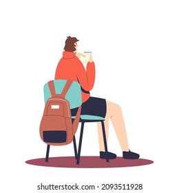 Girl listen to development lecture or personal success courses making notes to notebook. Female student listen coach sit on chair, back view. Cartoon flat vector illustration