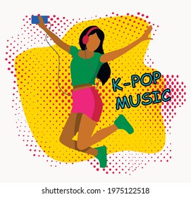 Girl listen love korean k-pop music in headphones. Bright style print tshirt cloth clothes notebook Design cover album pop art poster flyer label super mega sale. Vector cartoon illustration. Jumping