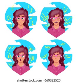 Girl listen a music with different emotions, emoji, avatar, vector illustration isolated on white background