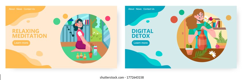 Girl listen music in headphones and meditate at home. Woman put flowers in vase. Hobby and leisure time concept illustration. Vector web site design template. Landing page website illustration