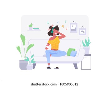 Girl listen music on coach sofa at home in headphones, vector flat isolated character. Young woman in wireless earphones listen music sitting on sofa coach in room, home fun and relax