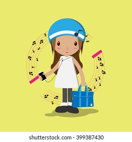 A girl listen to music on smart phone and carrying blue bags. Cartoon Vector Design EPS10.