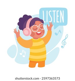 Girl Listen to Music as Verb Study with Little Kid Demonstrating Activity Vocabulary Vector Illustration