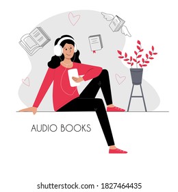 Chica escuchando un libro de audio con auriculares en un smartphone. Concepto del curso de habilidades de aprendizaje electrónico en la biblioteca de e-learning en línea. Caricatura plana. Ilustración vectorial de material para el diseño ui ux.