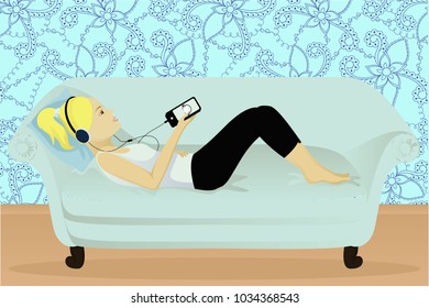 Girl is listening audiobook on smartphone