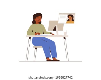 Girl listening her school teacher on online lesson at home. American African  female pupil studying remotely, making notes and watching internet courses. Vector illustration. 