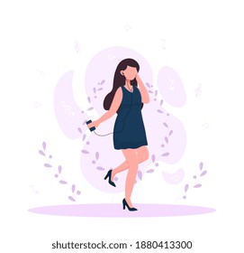 Girl listening to music and dancing on the go. Female character on the street. Concept of listening to favourite music that makes you want to dance. Flat cartoon vector illustration